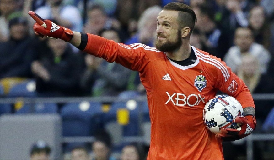 FILE - In this March 31, 2017, file photo, Seattle Sounders goalkeeper Stefan Frei directs his teammates during an MLS soccer match against Atlanta United in Seattle. Frei has plenty of memories from  ...