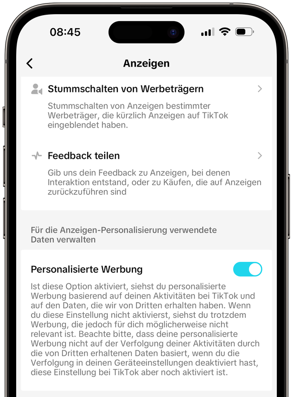 Personalisierte Werbung lässt sich in den TikTok-Einstellungen deaktivieren.