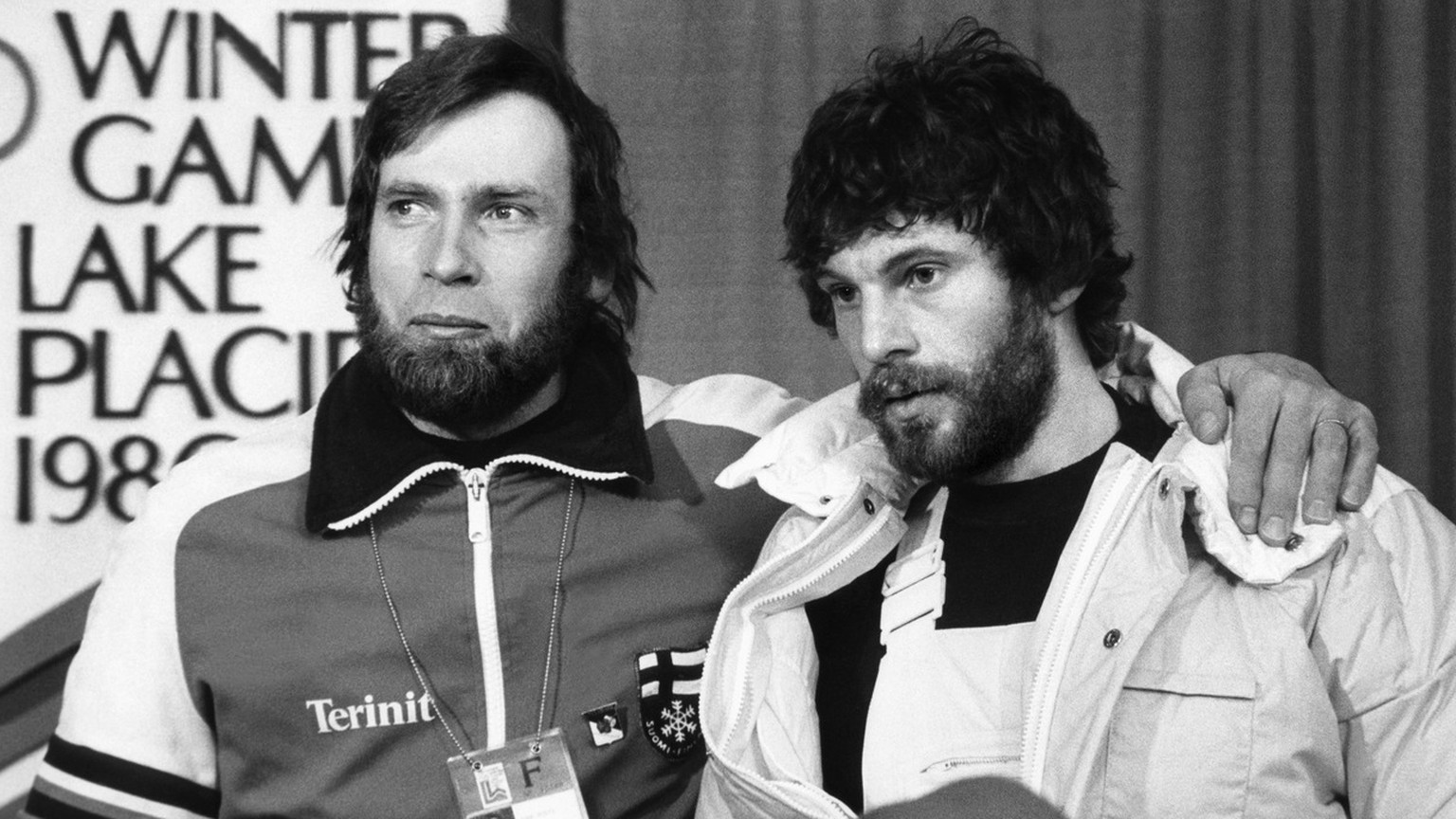 Only 0.01 second between these two great olympic cross-country skiers seen at the press conference after the event. Left Finland&#039;s Juha Mieto who got the silver, right, Sweden&#039;s Thomas Wassb ...