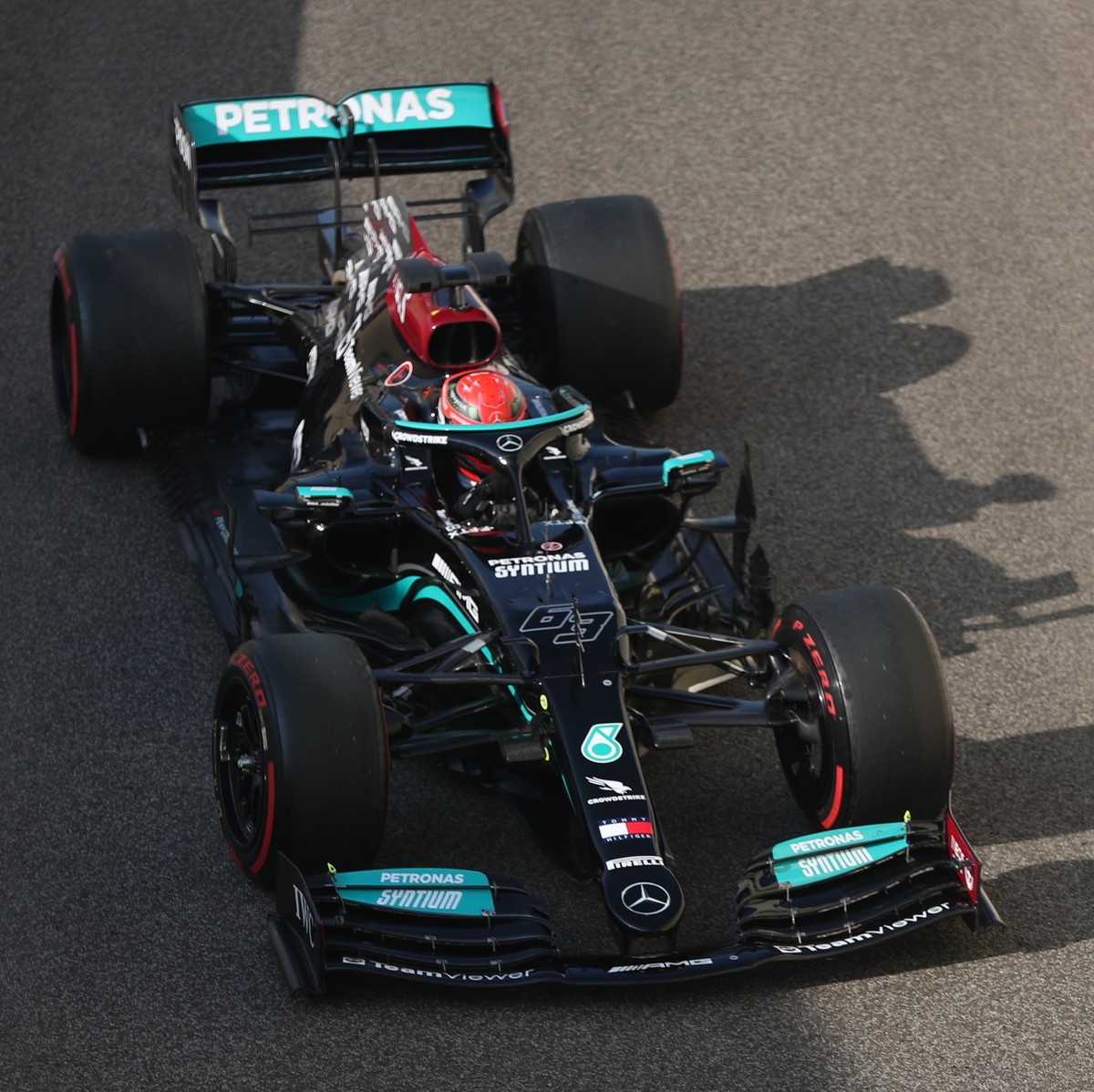 epa09641203 British Formula One driver George Russell of Mercedes-AMG Petronas in action during the Formula One Post-season test session at Yas Marina Circuit in Abu Dhabi, United Arab Emirates, 14 De ...
