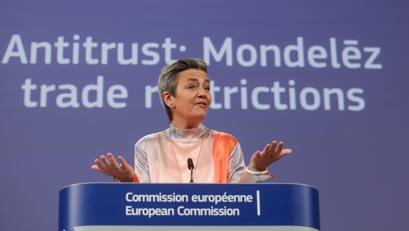 epa11362348 Executive Vice-President for A Europe Fit for the Digital Age and Competition Margrethe Vestager gives a press conference on Antitrust case against Mondelez in Brussels, Belgium, 23 May 20 ...
