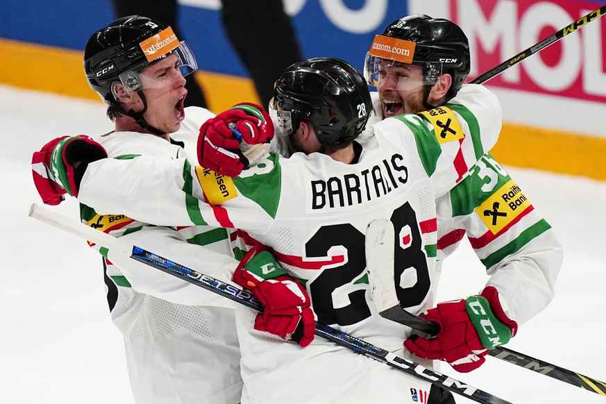 Hungary&#039;s Istval Bartalis, centre back to the camera, celebrates with teammates after scoring his side&#039;s third goal during the group A match between France and Hungary at the ice hockey worl ...