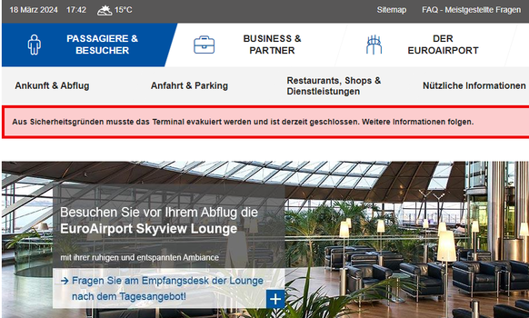 Die Website des Euroairports am Montagnachmittag um 17:42 Uhr; mittlerweile ist die Nachricht ersetzt worden