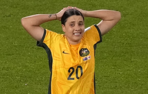 Australia&#039;s Sam Kerr reacts after missing a scoring chance during the Women&#039;s World Cup semifinal soccer match between Australia and England at Stadium Australia in Sydney, Australia, Wednes ...