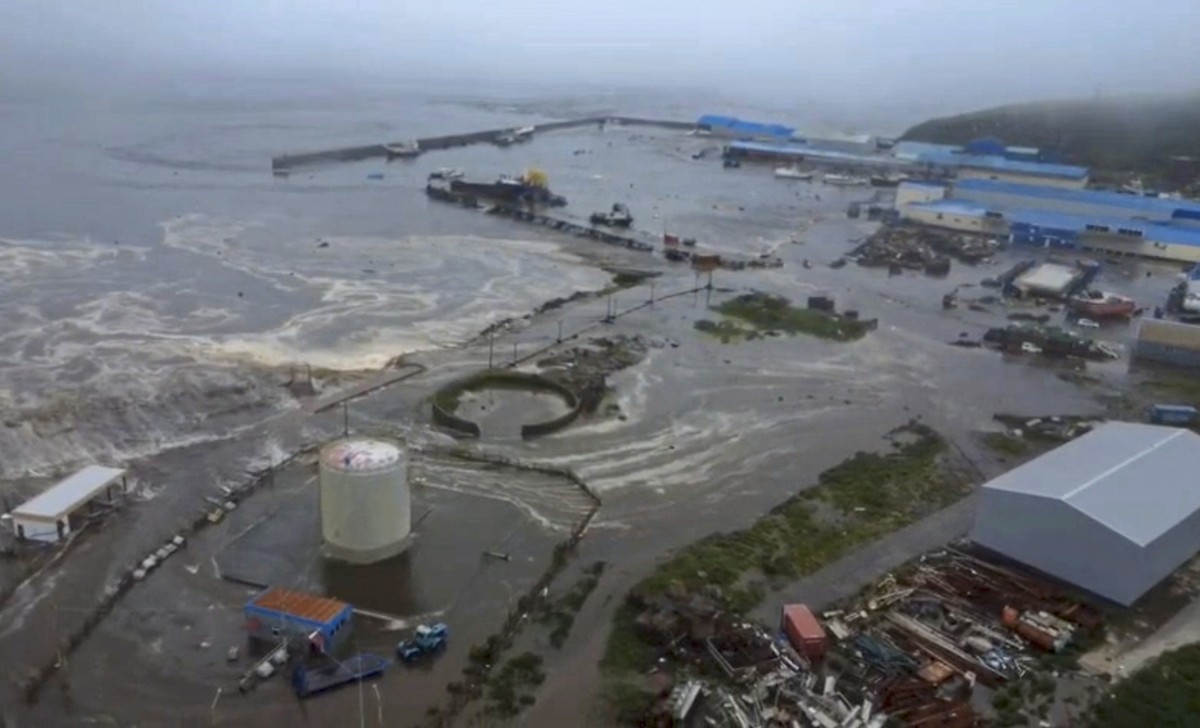 epaselect epa12272020 A still image taken from a handout video provided by the Geophysical Center of the Russian Academy of Sciences shows a flooded area in Severo-Kurilsk, Sakhalin Region, Russia, 30 ...