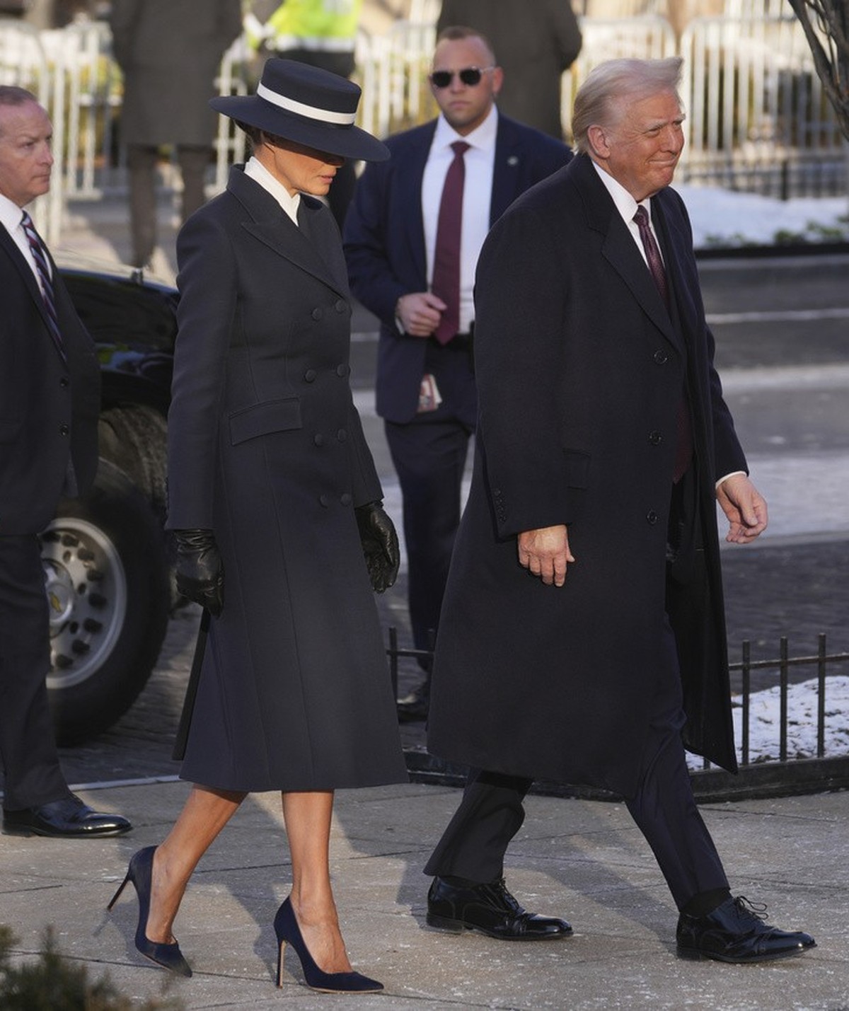 President-elect Donald Trump and his wife Melania arrive for church service at St. John's Episcopal Church across from the White House in Washington, Monday, Jan. 20, 2025, on Donald Trump's ...