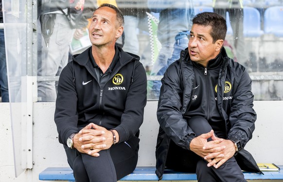 BSC Young Boys' coach Adi Huetter, left, and assistant coach Christian Peintinger before a soccer match of the international Uhrencup tournament between Switzerland's BSC Young Boys and Germany's Boru ...