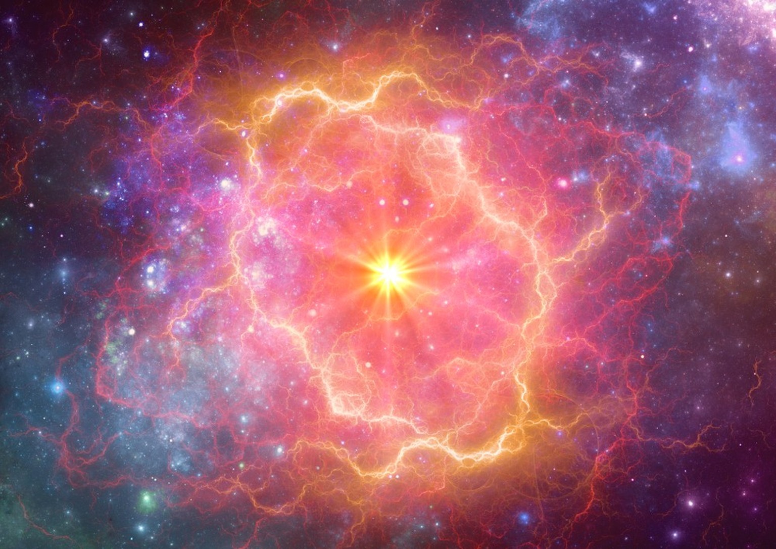 Künstlerische Darstellung einer Supernova. Wenn massereiche Sterne das Ende ihrer Sternentwicklung erreichen, wird ihre Hülle in einer Supernova in den Weltraum geschleudert. Zurück bleibt eine Restmasse, die kollabiert. 