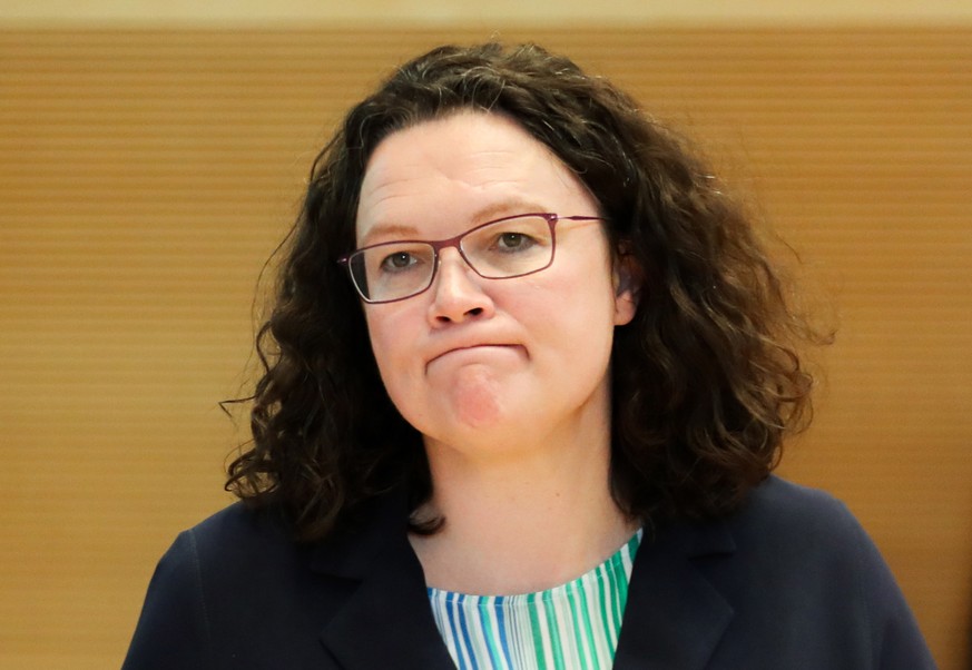 epa07605239 German Social Democratic Party (SPD) chairwoman and faction chair in the German parliament Bundestag Andrea Nahles arrives for the board meeting of the Social Democratic Party (SPD) in Ber ...