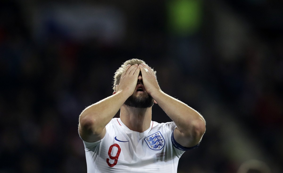 England's Harry Kane reacts after missing a chance to score during the Euro 2020 group A qualifying soccer match between Czech Republic and England at the Sinobo stadium in Prague, Czech Republic ...