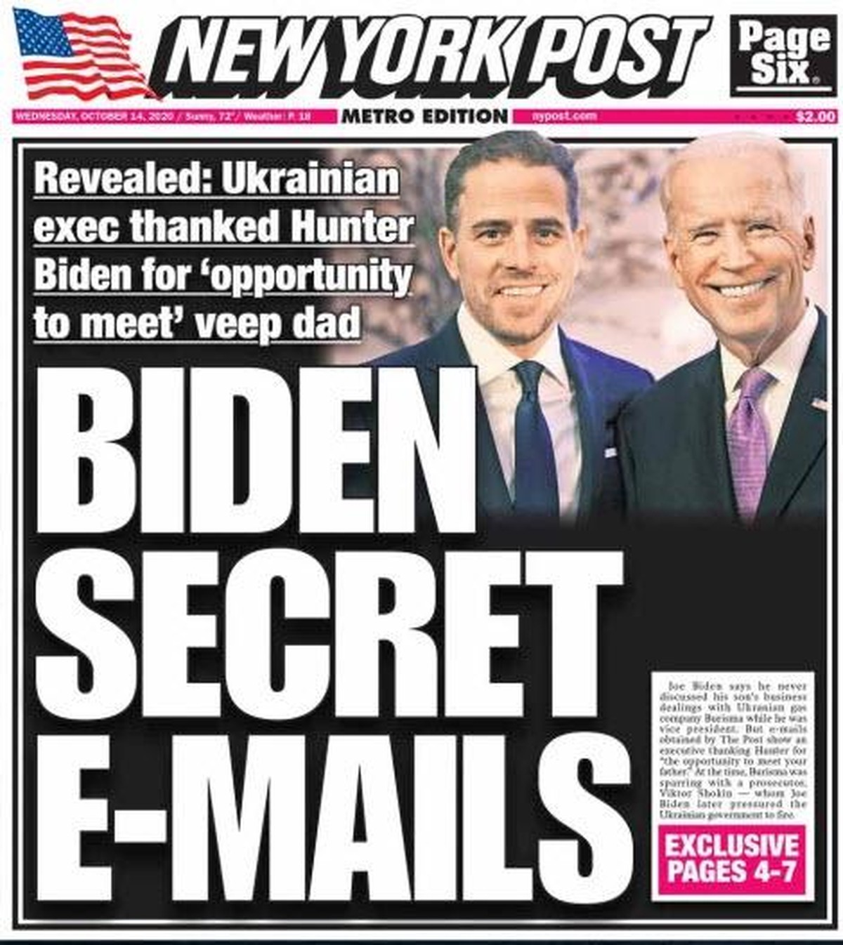 Swing-States: Biden weit voraus. Das war Clinton auch. Aber nicht so
Sowohl Twitter als auch Facebook haben am Mittwoch ausserordentliche Zensurmaßnahmen gegen The York Post wegen ihrer Enthüllungen ü ...