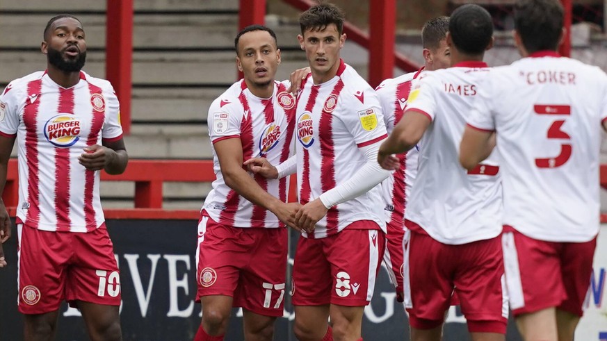 Stevenage v Portsmouth EFL Cup 29/08/2020. Charlie Carter of Stevenage scores, of Stevenage 1-0 Portsmouth during the EFL Cup match between Stevenage and Portsmouth at the Lamex Stadium, Stevenage, En ...