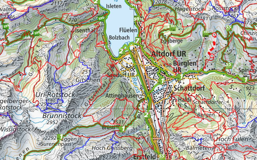 Die Karte zeigt's: Den Uri Rotstock (unten links) erreichst du nur über blaue Wege (Alpinwanderung). Auf den Hoch Fulen (unten rechts) kommst du noch mit roten Wegen (Bergwanderung) und von Seedorf na ...