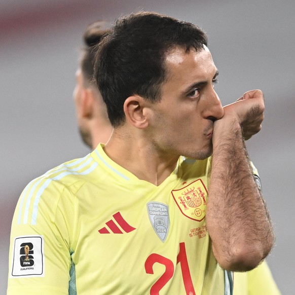 Spain&#039;s Mikel Oyarzabal celebrates after scoring his side&#039;s first goal during a World Cup 2026 group E qualifying soccer match between Georgia and Spain in Tbilisi, Georgia, Saturday, Nov. 1 ...
