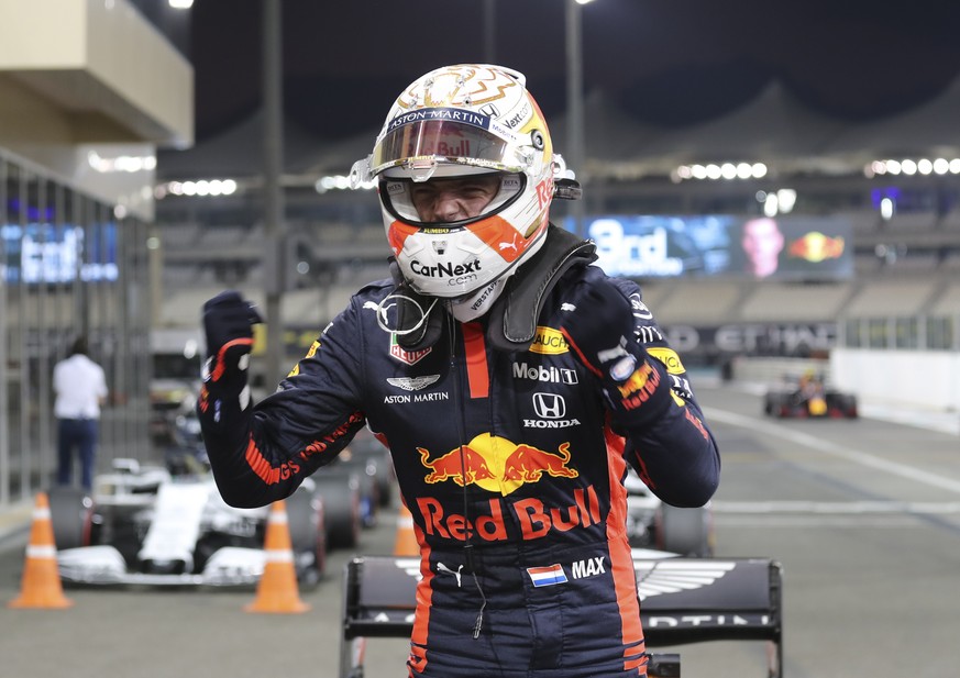 FILE - In this Saturday, Dec. 11, 2020 file photo, Red Bull driver Max Verstappen of the Netherlands reacts after qualifying at the Formula One Abu Dhabi Grand Prix in Abu Dhabi, United Arab Emirates. ...