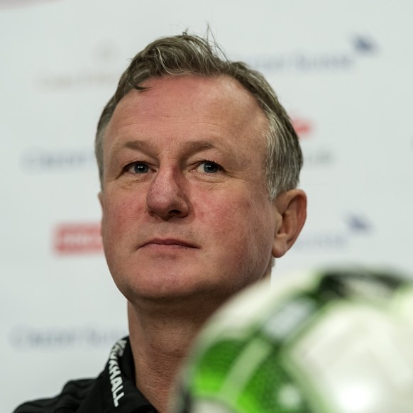 epa06323125 Northern Ireland&#039;s head coach Michael O&#039;Neill speaks during a press conference of Northern Irelands national soccer team, the day before the 2018 FIFA World Cup play-off second l ...