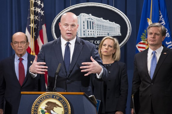 epaselect epa07328403 Acting Attorney General Matthew Whitaker (C) speaks beside US Secretary of Commerce Wilbur Ross (L), US Secretary of Homeland Security Kirstjen Nielsen (2-R) and Director of the  ...