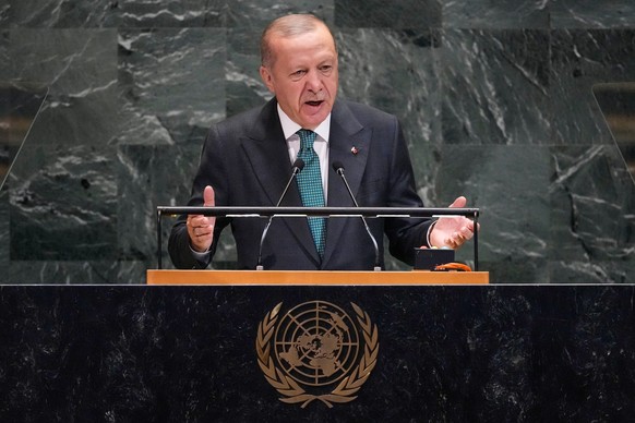 Turkiye President Recep Tayyip Erdogan addresses the 80th session of the United Nations General Assembly, Tuesday, Sept. 23, 2025. (AP Photo/Richard Drew)
UN General Assembly Turkiye