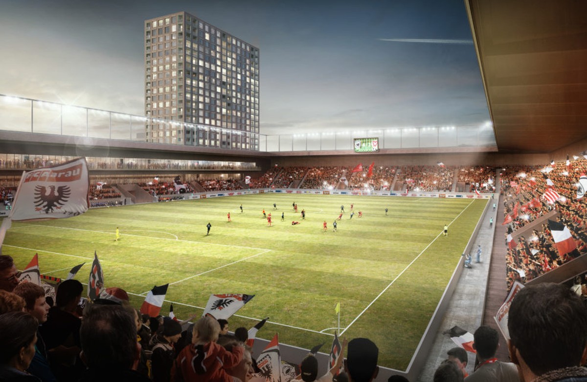 HANDOUT - Visualisierung Projekt Fussballstadio Torfeld Sued, Aarau. Das geplante Fussballstadion Torfeld Sued als Ersatz für das veraltete Bruegglifeld in Aarau hat am Sonntag, 24. November die letzt ...