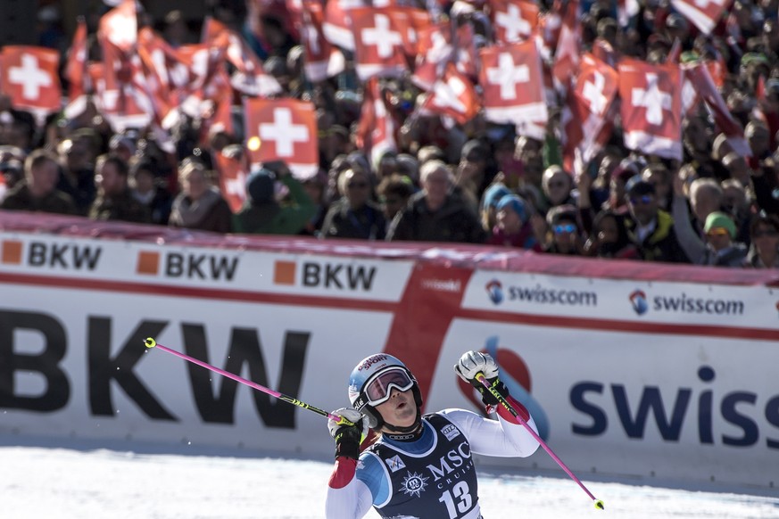 Melanie Meillard of Switzerland reacts in the finish area during the second run of the women&#039;s Giant-Slalom race at the Alpine Skiing FIS Ski World Cup in Lenzerheide, Switzerland, Saturday, Janu ...