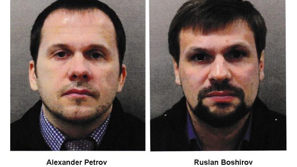 This combination photo made available by the Metropolitan Police on Wednesday Sept. 5, 2018, shows Alexander Petrov, left, and Ruslan Boshirov. British prosecutors have charged two Russian men, Alexan ...
