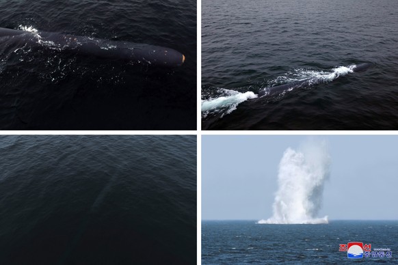 epa10564396 A combination photo released by the official North Korean Central News Agency (KCNA) shows the testing of a strategic underwater weapon system by a national defense science research institute...