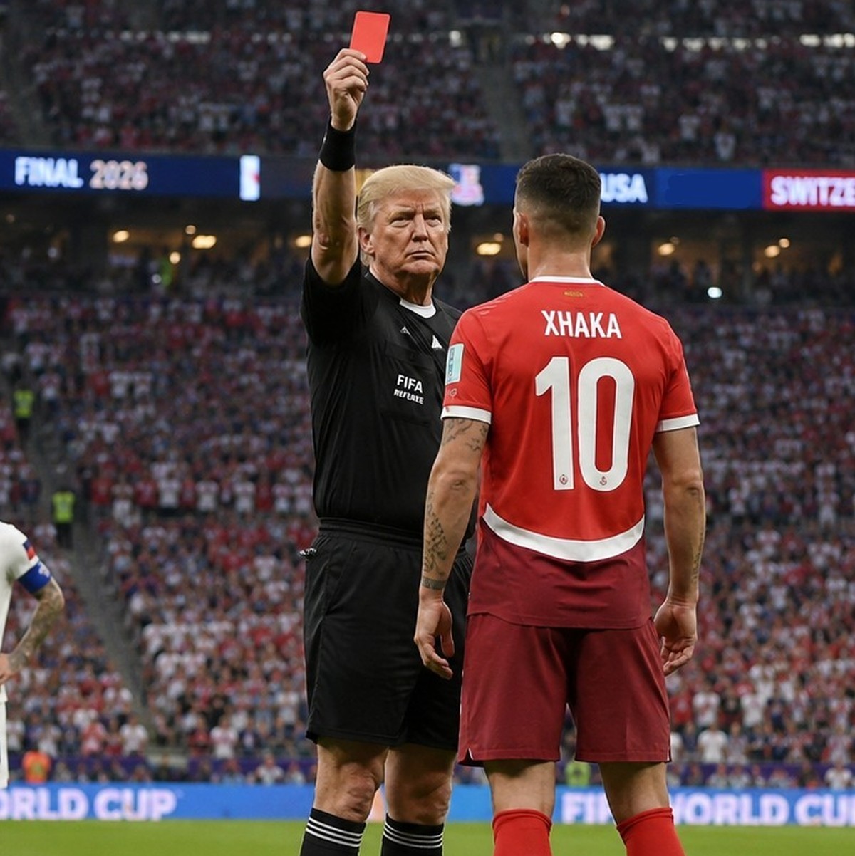 Nach dem Handschlag der Captains wird Granit Xhaka des Feldes verwiesen. Schiedsrichter Donald Trump (Infantino: «Das wichtigste Spiel der Welt muss der kompetenteste Unparteiische der Welt leiten, da ...