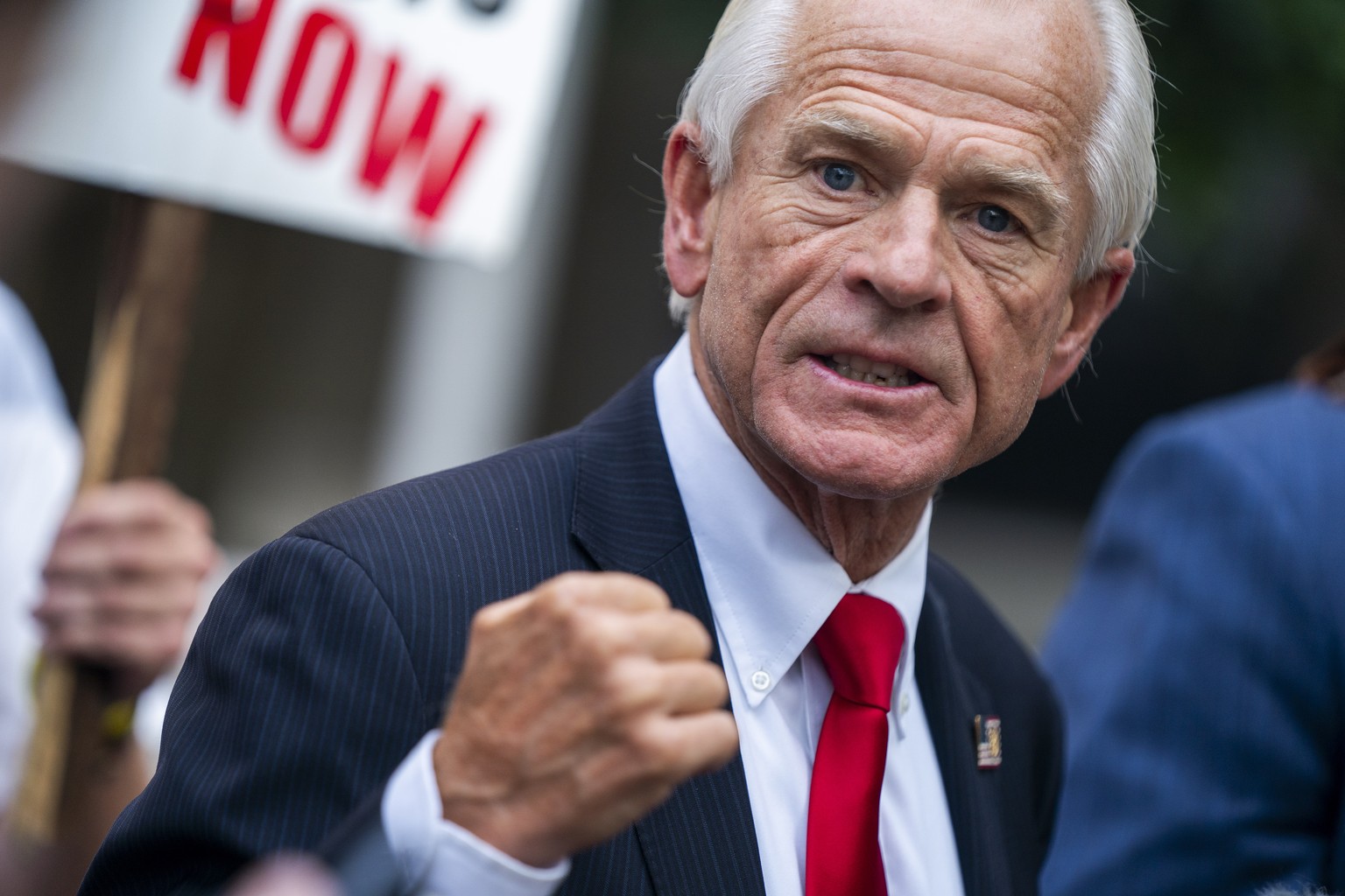 epa10847160 Peter Navarro, former advisor to former US President Donald Trump, speaks to the news media following his contempt of Congress trial at the E. Barrett Prettyman United States Courthouse in ...