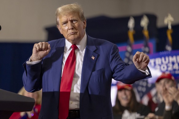 Republican presidential candidate former President Donald Trump does a little dance after speaking, Tuesday, April 2, 2024, at a rally in Green Bay, Wis. (AP Photo/Mike Roemer)
Donald Trump