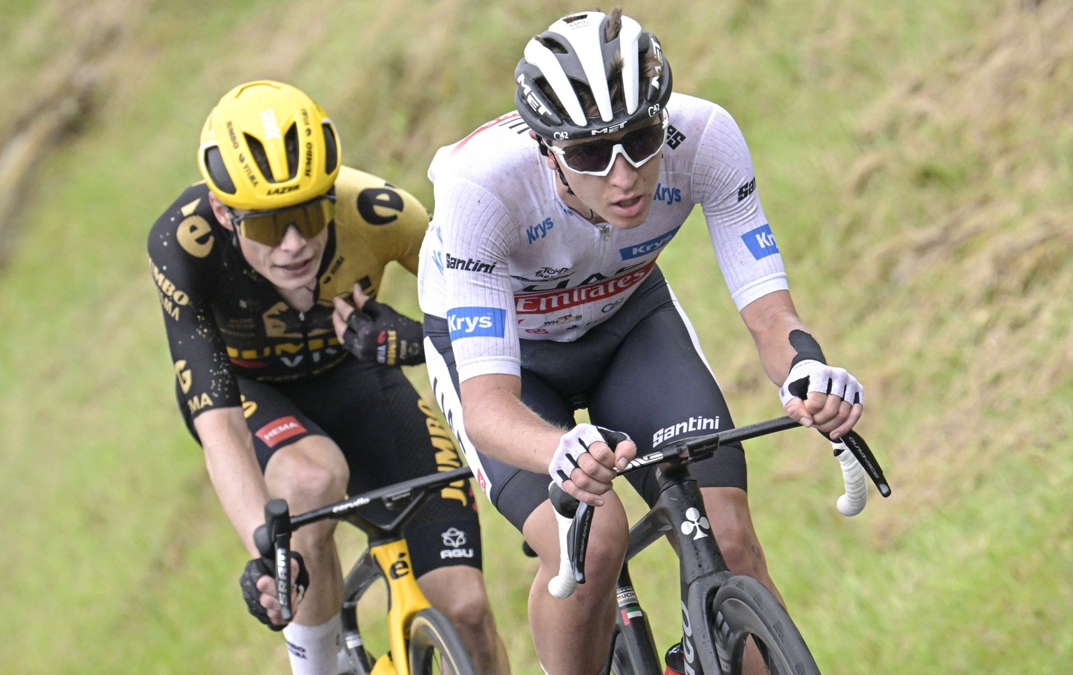 SAN SEBASTIAN, SPAIN - JULY 02 : Pogacar Tadej SVN of UAE Team Emirates and Vingegaard Jonas DEN of Jumbo-Visma in action during stage 2 of the 110th edition of the Tour de France 2023 cycling race, a ...