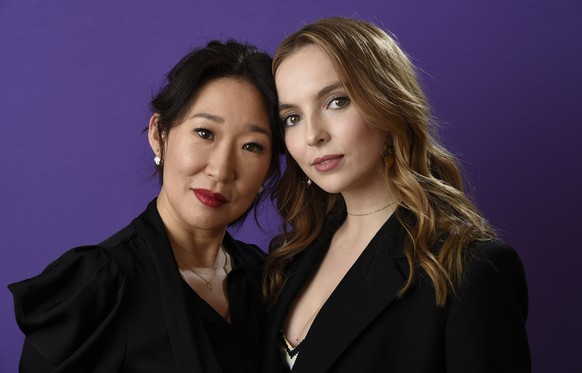 Sandra Oh, left, and Jodie Comer, cast members in the BBC America series &quot;Killing Eve,&quot; pose together for a portrait during the 2018 Television Critics Association Winter Press Tour at the L ...