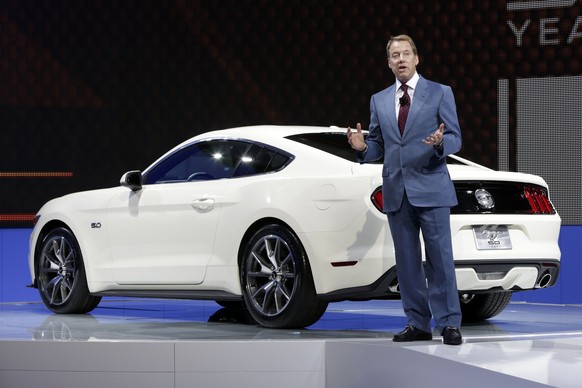 Ford Motor Company CEO and President Bill Ford delivers his remarks during the introduction of the 2015 Ford Mustang 50 Year Limited Edition, at the 2014 New York International Auto Show at the Javits ...