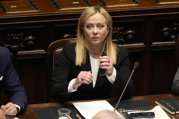 Italian Premier Giorgia Meloni attends the question time at the Chamber of Deputies, the Italian Parliament&#039;s lower house, in Rome, Wednesday, March 15, 2023. (AP Photo/Andrew Medichini)