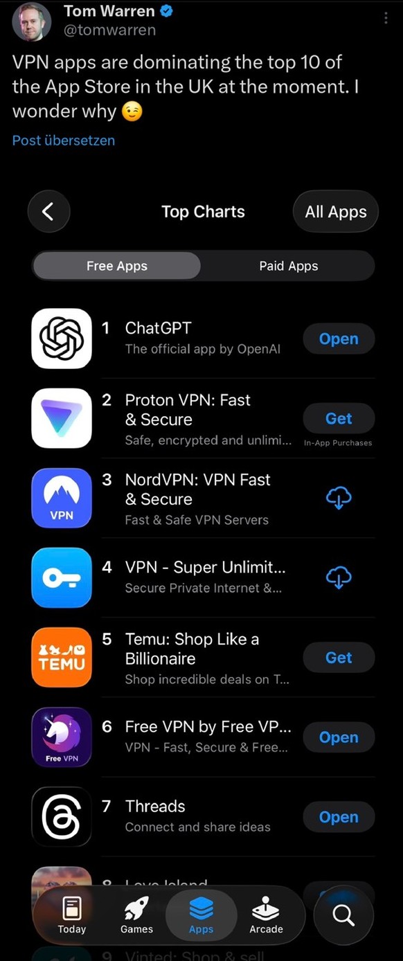 Die beliebtesten Gratis-Apps in Grossbritannien Anfang August 2025.