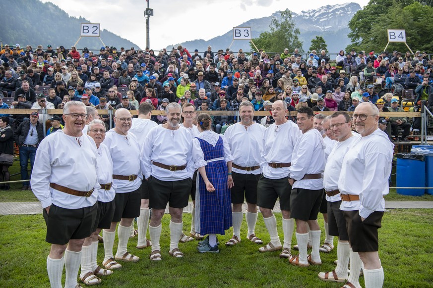 Die Taellaebuebae Jodler beim 100. Urner Kantonalen Schwingfest vom Sonntag, 21.Mai 2023 in Altdorf. (KEYSTONE/Urs Flueeler).