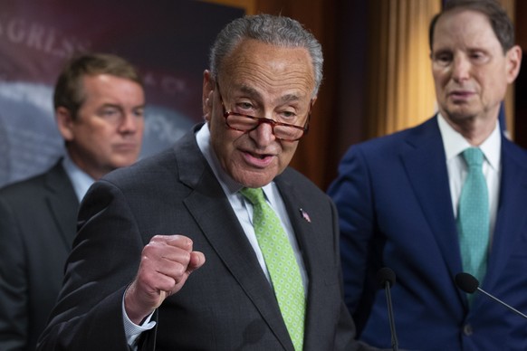 epa09346882 Senate Majority Leader Democrat Chuck Schumer (L), with Democratic Senator from Oregon Ron Wyden (R), speaks during a news conference on child tax credit payments of the American Rescue Pl ...