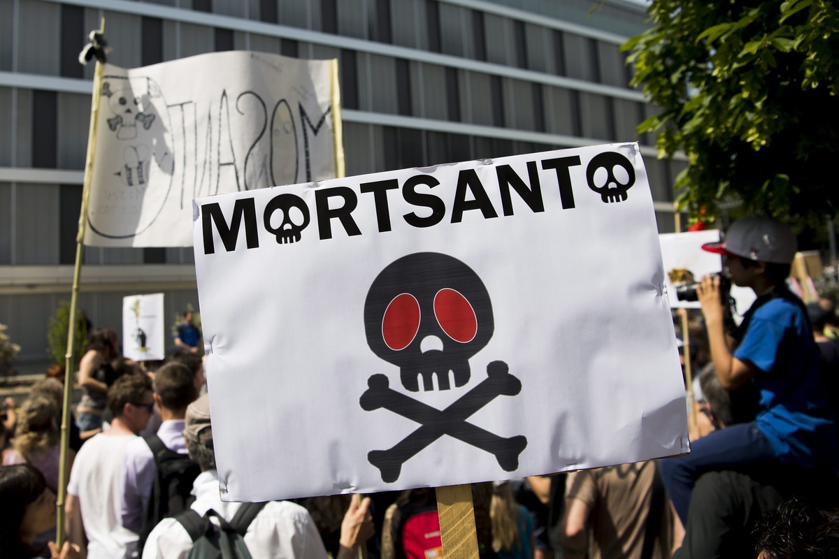 epa05321472 Protesters during their march against the multinational agrochemical and agricultural biotechnology companies Monsanto and Syngenta in front of the headquarter of the entreprise Monsanto,  ...
