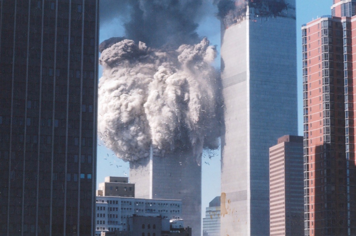 Collapse of the second tower of the World Trade Center in NY xkwx 9/11, airline, airplane, attack, building, crash, danger, destruction, explosion, fire, fireball, hijacking, history, hit, impact, low ...