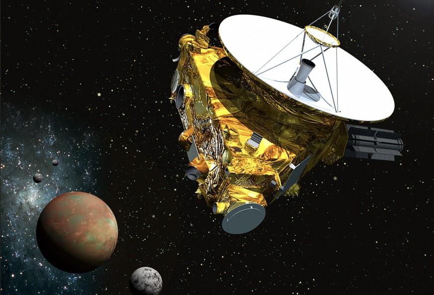 Künstlerische Darstellung: Die Sonde «New Horizons» erreicht Pluto und seine drei Monde.