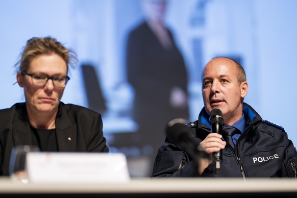 Beatrice Pilloud, Attorney General of the Canton of Valais and Frederic Gisler, Commander of the Valais Cantonal Police, from left to right, speak during a press conference about the Le Constellation  ...