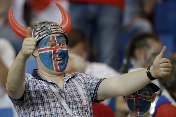 An Iceland fan supports his team on the stands prior to the start of the group D match between Iceland and Croatia, at the 2018 soccer World Cup in the Rostov Arena in Rostov-on-Don, Russia, Tuesday,  ...