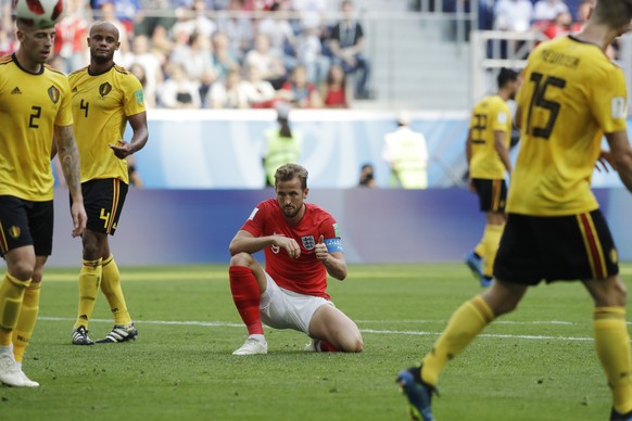 England&#039;s Harry Kane gestures during the third place match between England and Belgium at the 2018 soccer World Cup in the St. Petersburg Stadium in St. Petersburg, Russia, Saturday, July 14, 201 ...