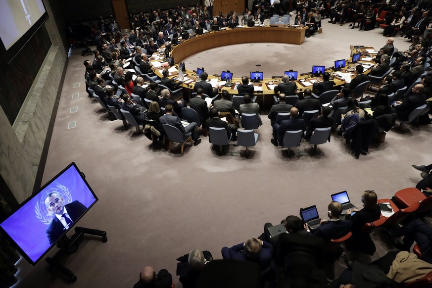 epa06377253 United Nations Special Coordinator for the Middle East Peace Process Nikolay Mladenov (On Screen) addresses the Security Council meeting on the situation in the Middle East, including the  ...