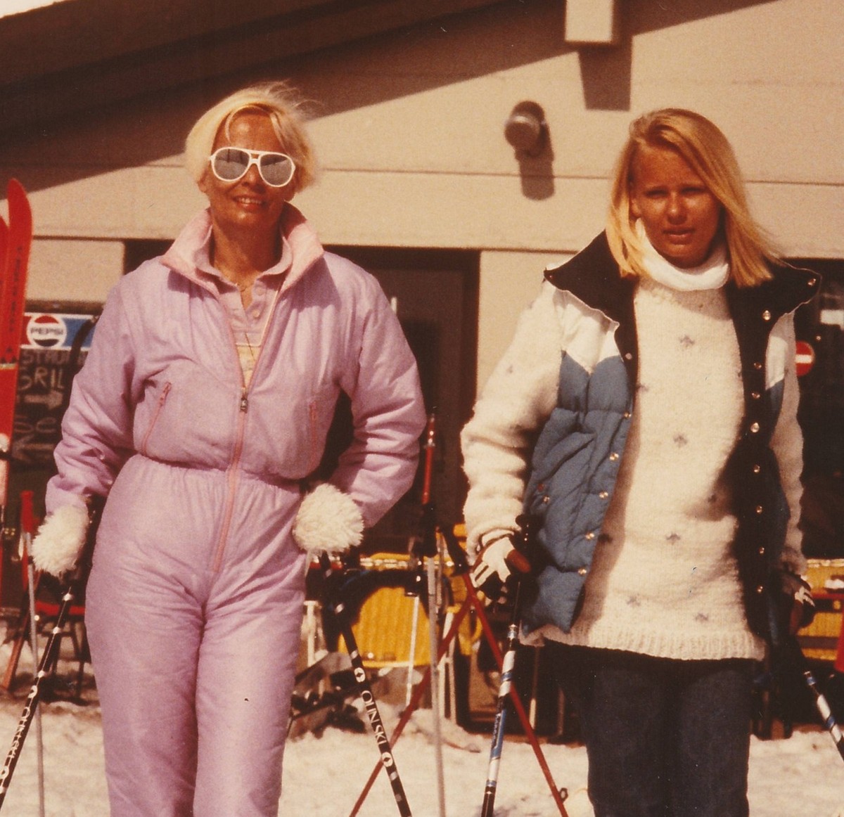 RECORD DATE NOT STATED THE ALPS, SWITZERLAND - 1982: Vintage photo shows mother and daughter on winter vacation at the ski resort. , 50777590.jpg, winter, white, vintage, vacation, travel, tourism, su ...