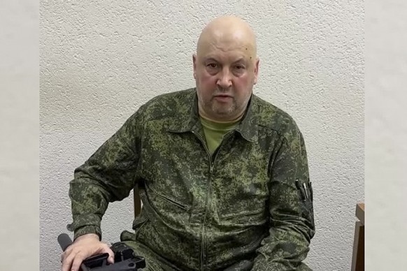 FILE In this photo released by Russian Defense Ministry Press Service on Saturday, June 24, 2023, The top Russian military commander in Ukraine, Gen. Sergei Surovikin records his appeal to armed rebel ...