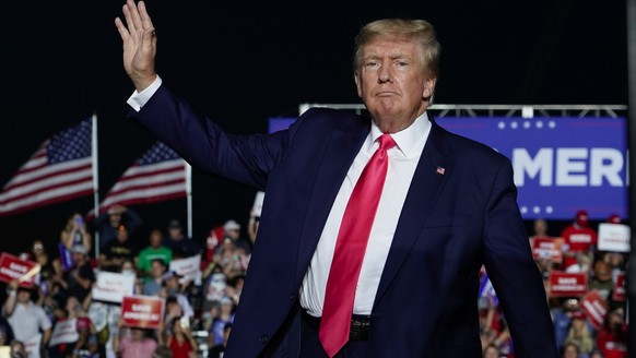 Former President Donald Trump arrives at a rally, late Friday, Aug. 5, 2022, in Waukesha, Wis. (AP Photo/Morry Gash)