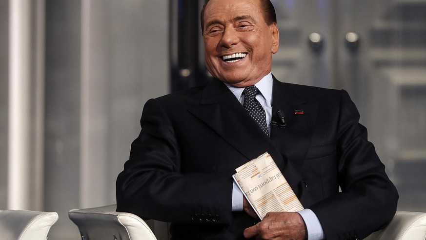 epa07590263 Italian former prime minister and President of Forza Italia (FI) party, Silvio Berlusconi, attends the Raiuno Italian program &#039;Porta a porta&#039; presented by Italian journalist Brun ...