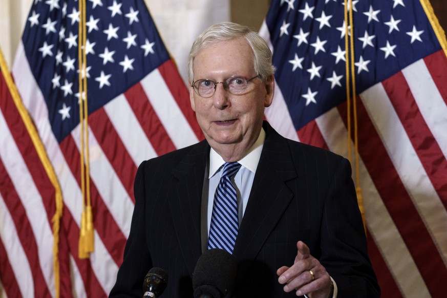 Senate Majority Leader Mitch McConnell, R-Ky., talks briefly to reporters after the Republican Conference held leadership elections, on Capitol Hill in Washington, Tuesday, Nov. 10, 2020. (AP Photo/J. ...