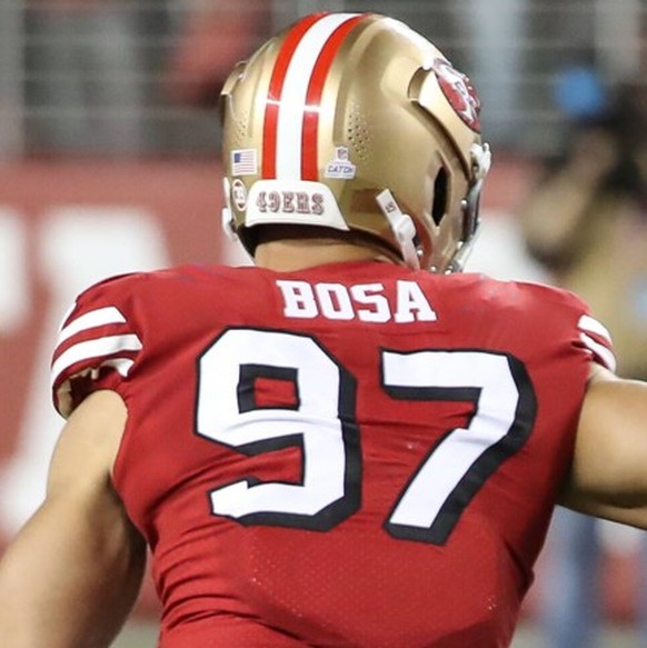 SANTA CLARA, CA - OCTOBER 03: San Francisco 49ers defensive end Nick Bosa 97 battles Los Angeles Rams offensive tackle Rob Havenstein 79 during the NFL, American Football Herren, USA game between the  ...