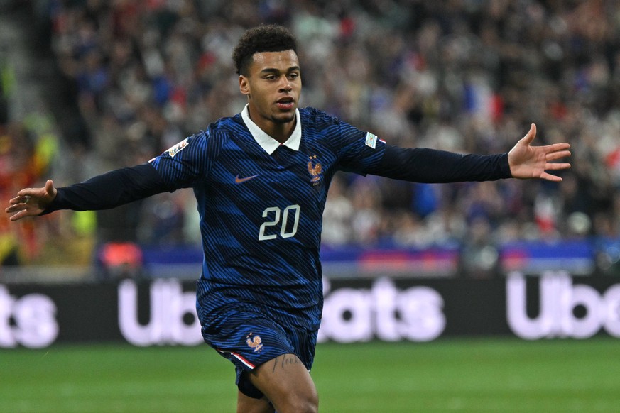 epa13283614 Desire Doue of France celebrates after scoring the 1-1 goal during the UEFA Nations League match between France and Belgium in Saint-Denis, France, 05 October 2026. EPA/FIRAS ABDULLAH